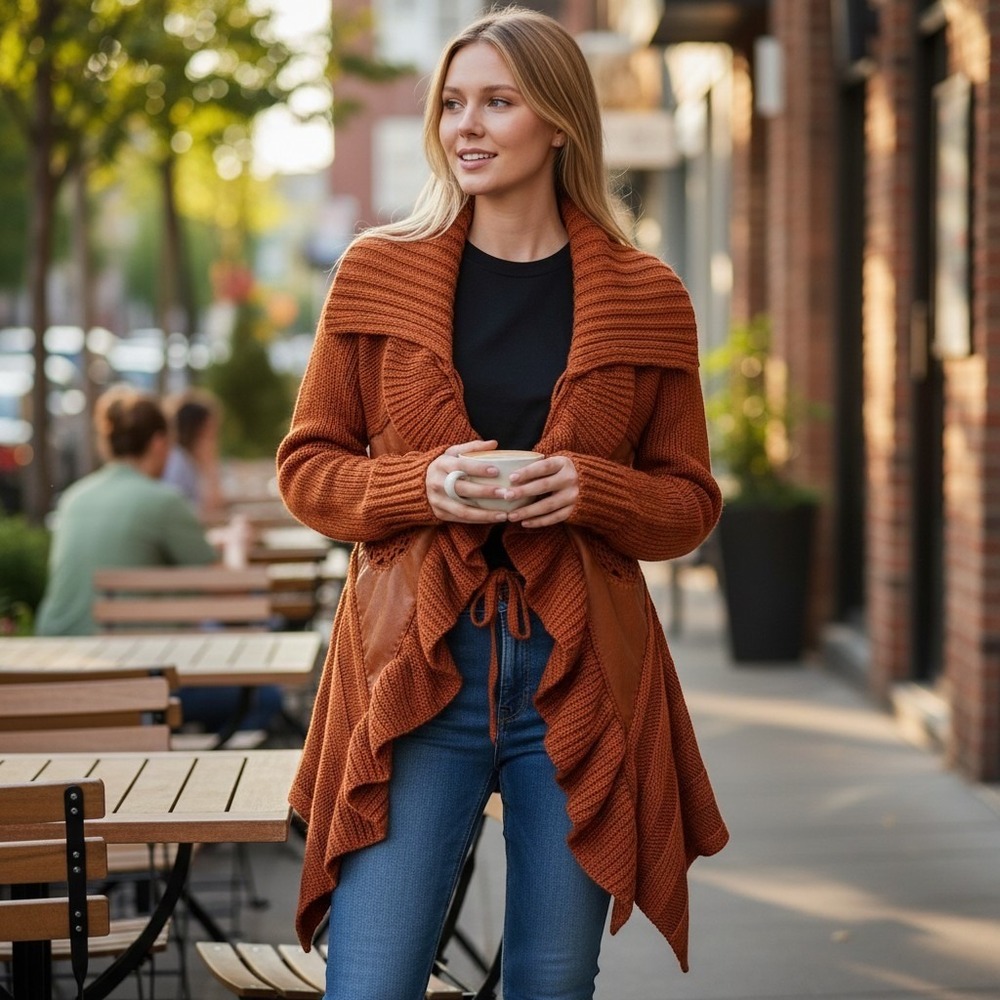 Slonl Cardigan Sweater Womens M Rust Orange Open Front Ruffle Tie boho festival